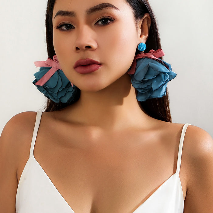 Handmade fabric design large flower earrings