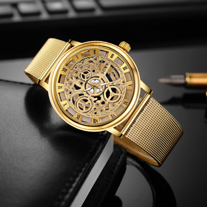 Reloj SOXY de lujo con esqueleto para hombre, relojes de pulsera para mujer, reloj de pulsera dorado a la moda para hombre, reloj de malla de acero para hombre 