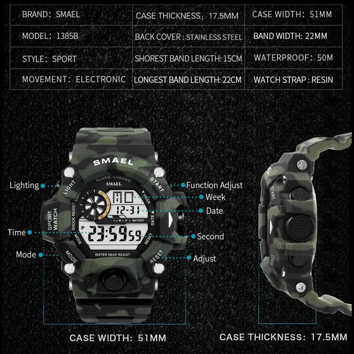 Watches Men Digital Watch White SMAEL 1385C Sport Watch 50M Waterproof Auto Date relogio masculino Digital Military Watches Mens Sport
