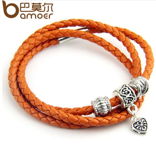 BAMOER Silver Charm Black Leather Bracelet for Women Five Colors Magnet Clasp Jewelry PI0311