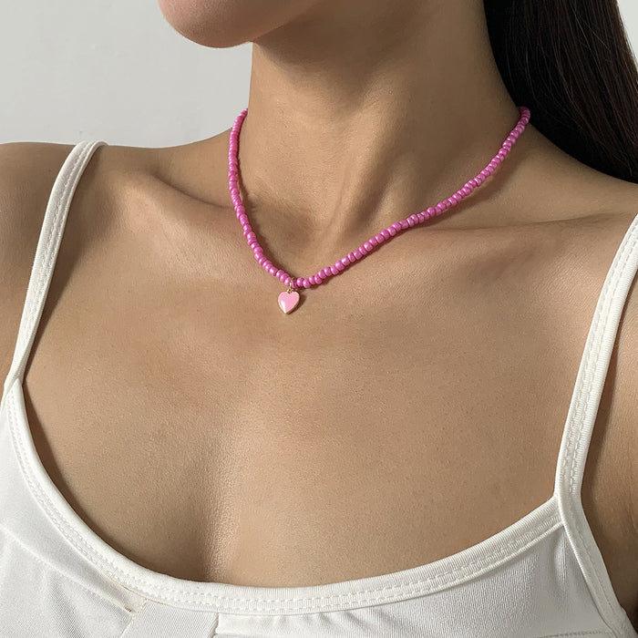 Nectarine Heart Simple Rice Bead Handmade Necklace Geometric Stacked Beaded Necklace