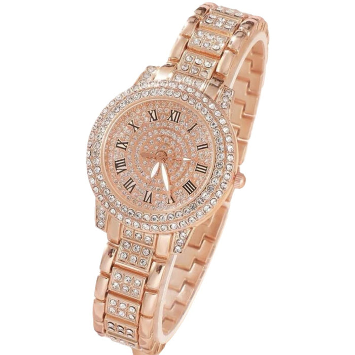 Fashion New Cross border Korean Version Personalized Trend Versatile Women's Diamond Inlaid Steel Band Quartz Watch Necklace Ring Earrings