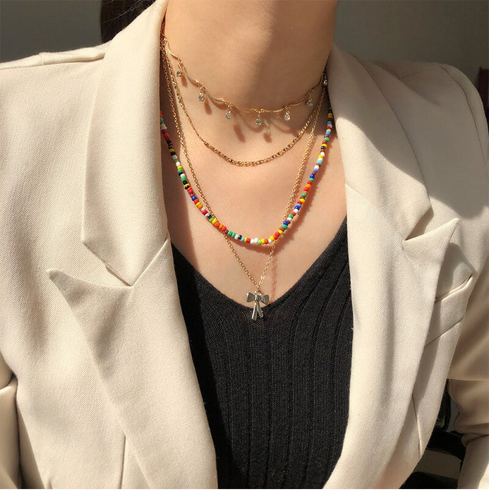 HangZhi New Bohemian Colorful Beads Weaving Handmade Baroque Simulated Pearl Necklace Clavicle Chain Choker Jewelry