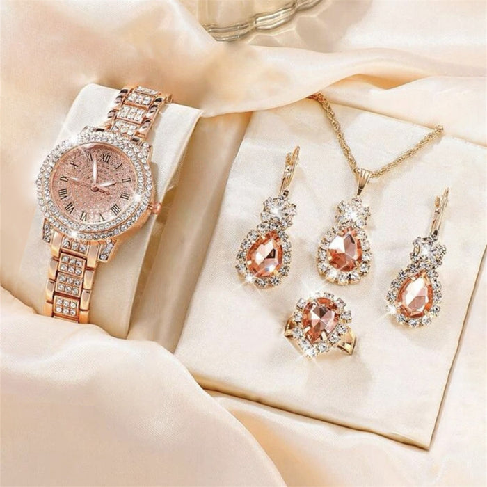 Fashion New Cross border Korean Version Personalized Trend Versatile Women's Diamond Inlaid Steel Band Quartz Watch Necklace Ring Earrings