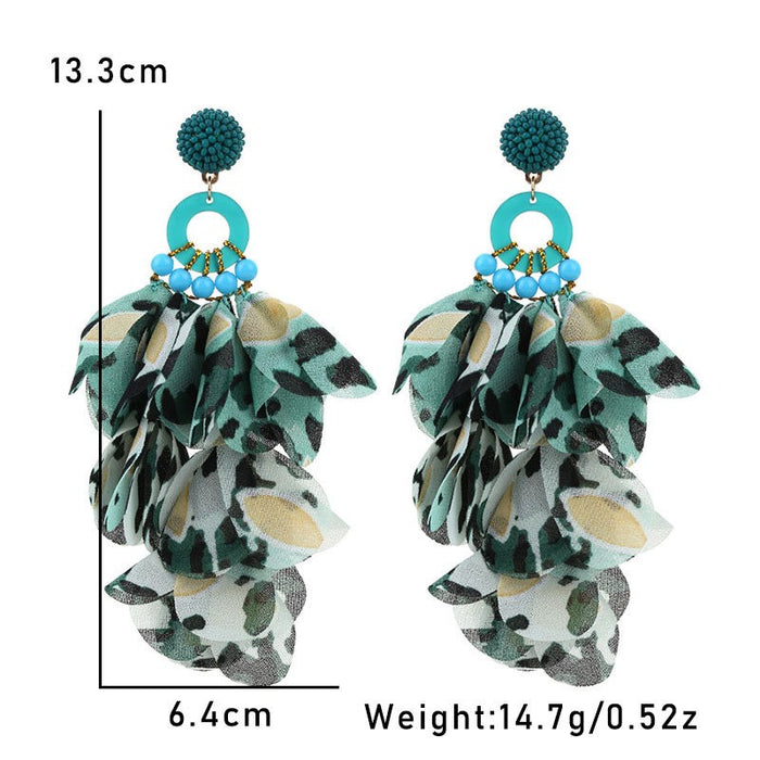 Handmade fabric floral leopard print tassel earrings