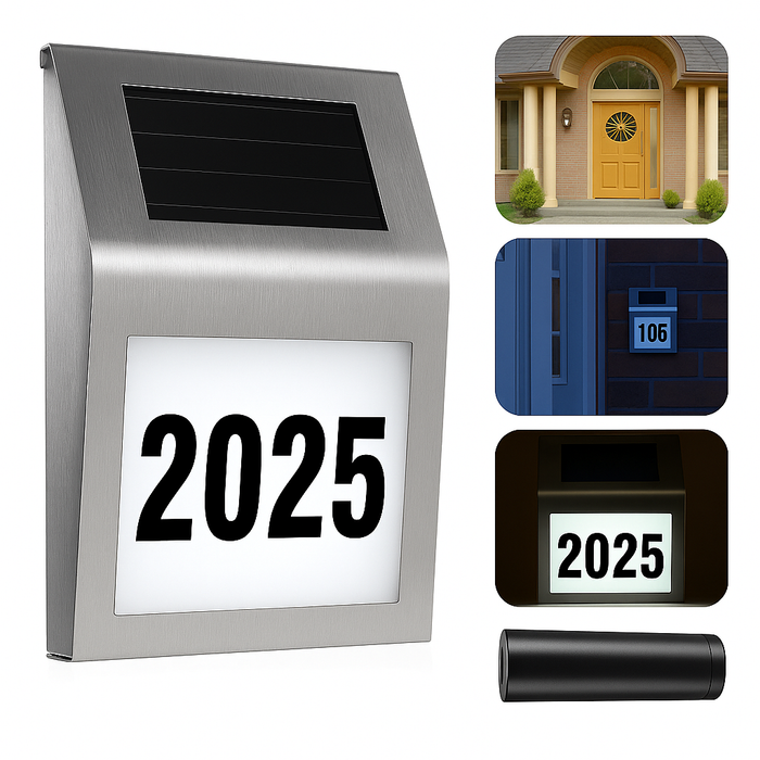 Solar LED Address Sign – Stainless Steel House Number Light with White LEDs, Waterproof, Customizable Numbers & Letters, Auto On/Off, 7.86 x 7.07 Inches - eZthings USA WE SORT ALL THE CRAZIEST GADGETS, GIZMOS, TOYS & TECHNOLOGY, SO YOU DON'T HAVE TO.