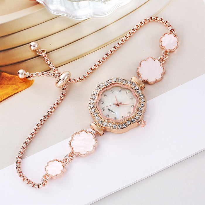 Fashionable new style drawstring freely adjustable women's bracelet watch flower shaped shell thin bracelet with diamond inlaid women's watch