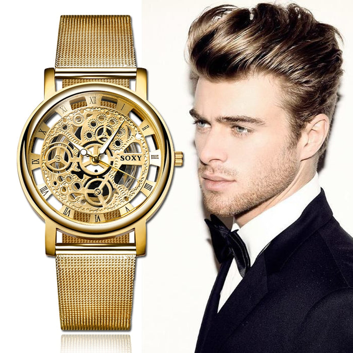 Reloj SOXY de lujo con esqueleto para hombre, relojes de pulsera para mujer, reloj de pulsera dorado a la moda para hombre, reloj de malla de acero para hombre 
