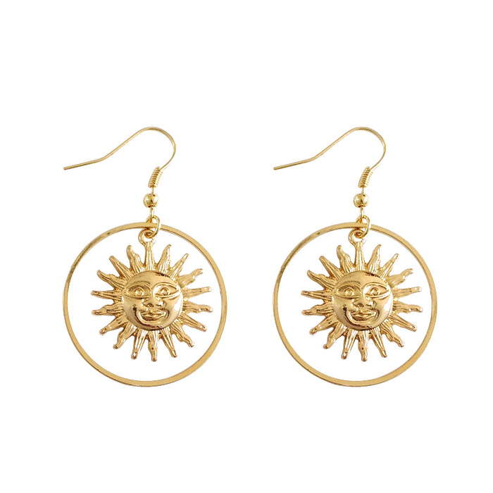 Handmade Gold Sun Apollo Helios Drop Earrings Geometric Loop Sun Face Dangle Earrings for Women