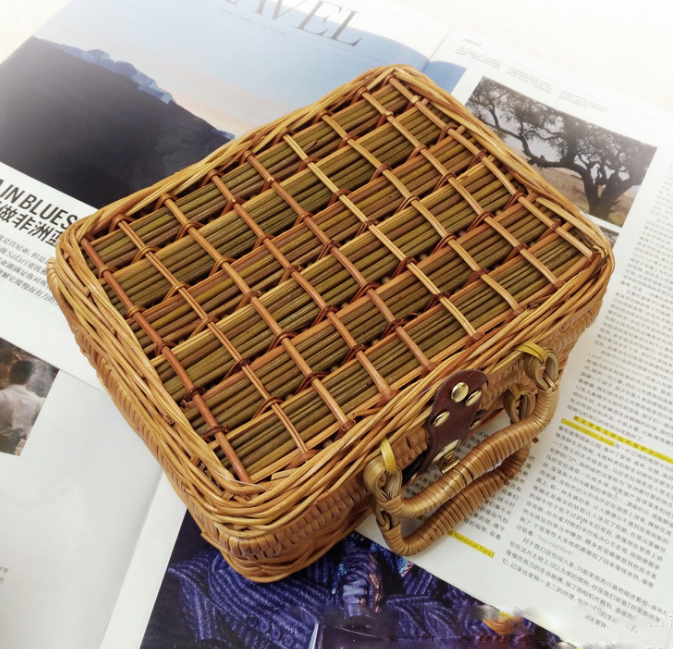 Handmade Mans Cane Small Literature and Art Vintage Tote Straw Bag