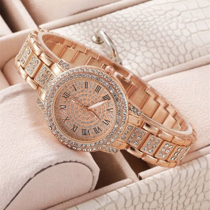 Fashion New Cross border Korean Version Personalized Trend Versatile Women's Diamond Inlaid Steel Band Quartz Watch Necklace Ring Earrings
