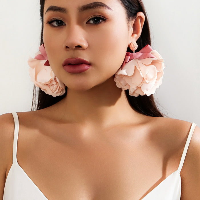 Handmade fabric design large flower earrings