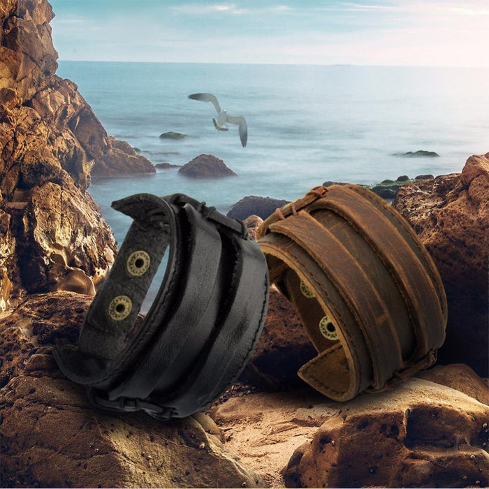 BAMOER Leather Cuff Double Wide Bracelet Rope Bangles Brown Unisex Jewelry PI0296 - eZthings USA WE SORT ALL THE CRAZIEST GADGETS, GIZMOS, TOYS & TECHNOLOGY, SO YOU DON'T HAVE TO.