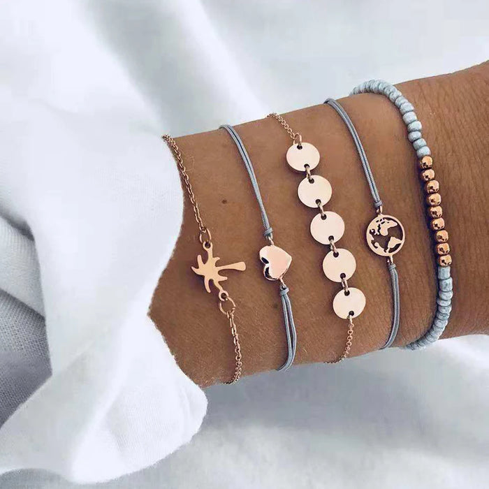 5 PCS/Set Fashion Heart Map Charm Bracelets Set For Women Boho Vintage Stone Leather Chain Bracelet Party Jewelry Wholesale
