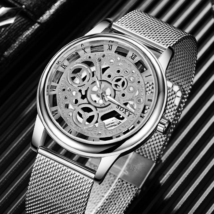 Reloj SOXY de lujo con esqueleto para hombre, relojes de pulsera para mujer, reloj de pulsera dorado a la moda para hombre, reloj de malla de acero para hombre 