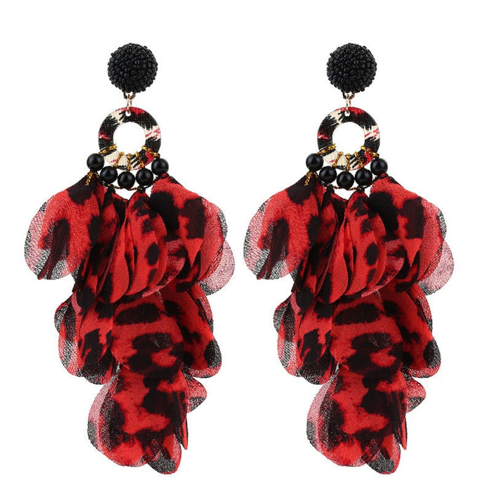 Handmade fabric floral leopard print tassel earrings