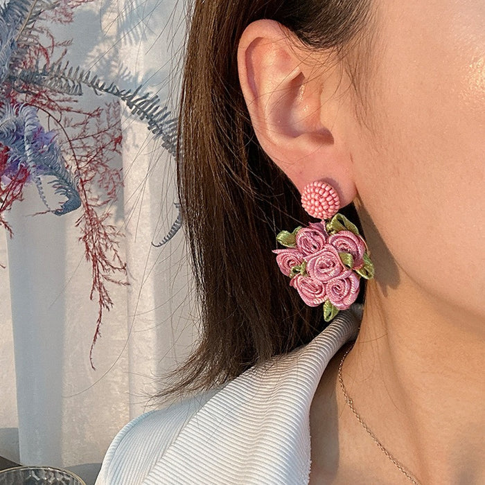 Sen series handmade fabric rose flower earrings