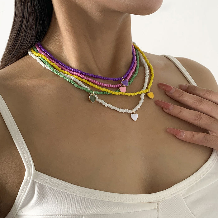 Nectarine Heart Simple Rice Bead Handmade Necklace Geometric Stacked Beaded Necklace