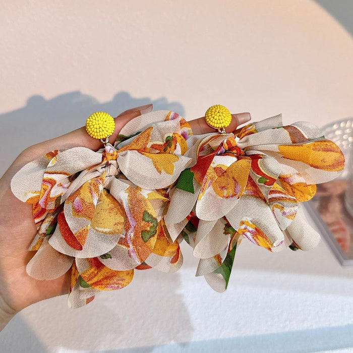 Bohemian style handmade fabric tassel earrings, original designer's long exaggerated earrings