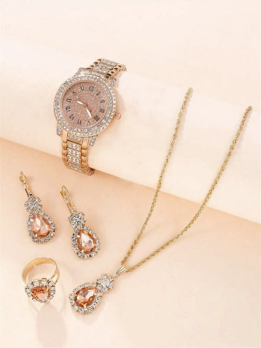 Fashion New Cross border Korean Version Personalized Trend Versatile Women's Diamond Inlaid Steel Band Quartz Watch Necklace Ring Earrings