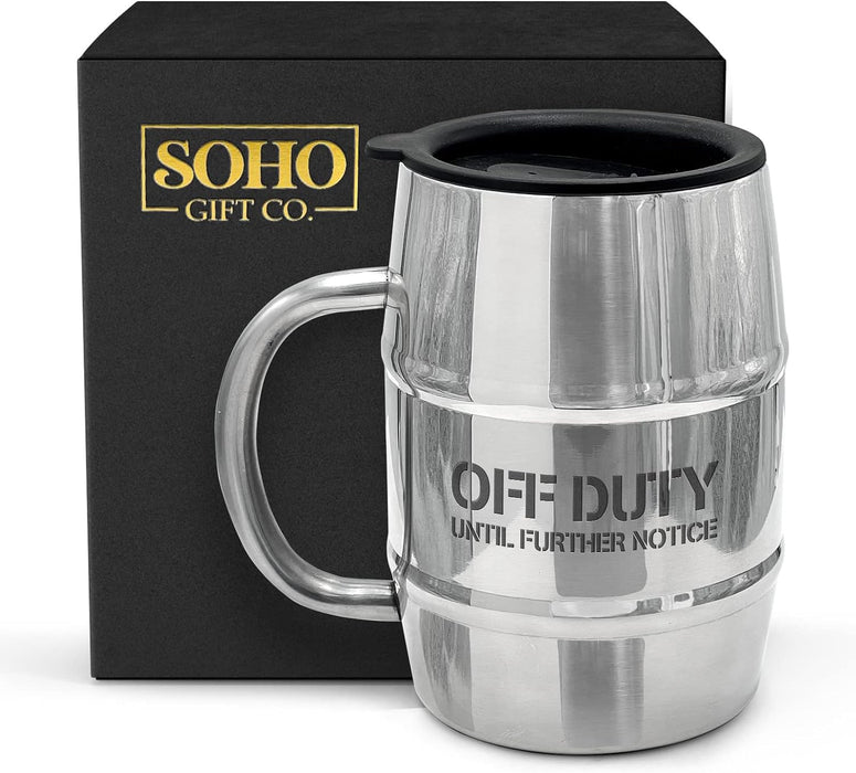 Funny Mug Gift for Men - 17oz Insulated Stainless Steel Beer/Coffee Cup with Handle and Lid for Birthday/Christmas 2023 "Off Duty Until Further Notice (Gift Boxed)
