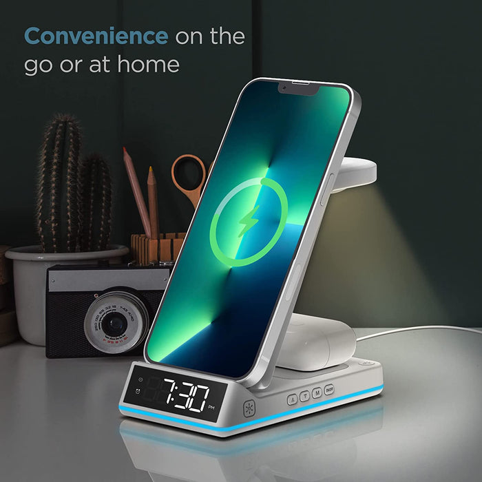 5-in-1 Alarm Clock Wireless Charger for All Apple Devices Foldable Charging Station with Night Light - Charging for iPhone, AirPods and Apple Watch (All Generations) - White