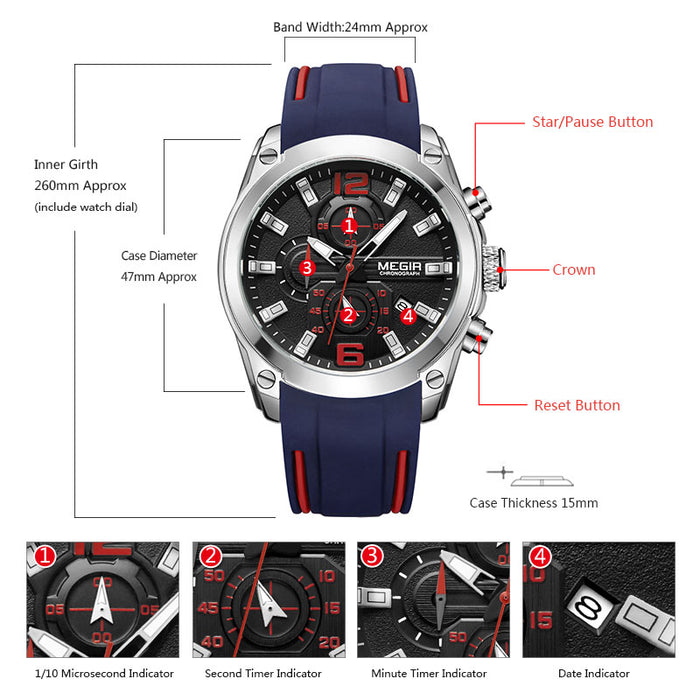 Megir Men's Chronograph Analog Quartz Watch with Date, Luminous Hands, Waterproof Silicone Rubber Strap Wristswatch - eZthings USA WE SORT ALL THE CRAZIEST GADGETS, GIZMOS, TOYS & TECHNOLOGY, SO YOU DON'T HAVE TO.