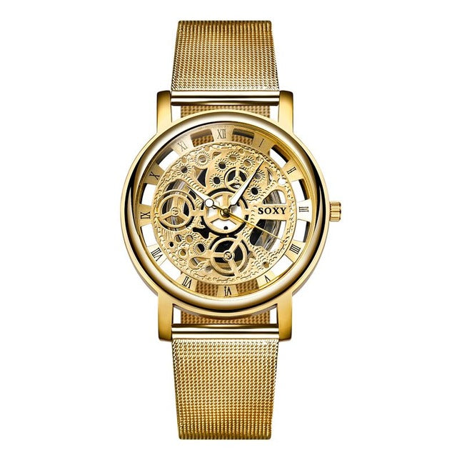 Reloj SOXY de lujo con esqueleto para hombre, relojes de pulsera para mujer, reloj de pulsera dorado a la moda para hombre, reloj de malla de acero para hombre 