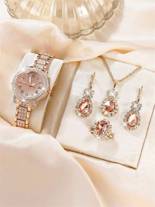 Fashion New Cross border Korean Version Personalized Trend Versatile Women's Diamond Inlaid Steel Band Quartz Watch Necklace Ring Earrings