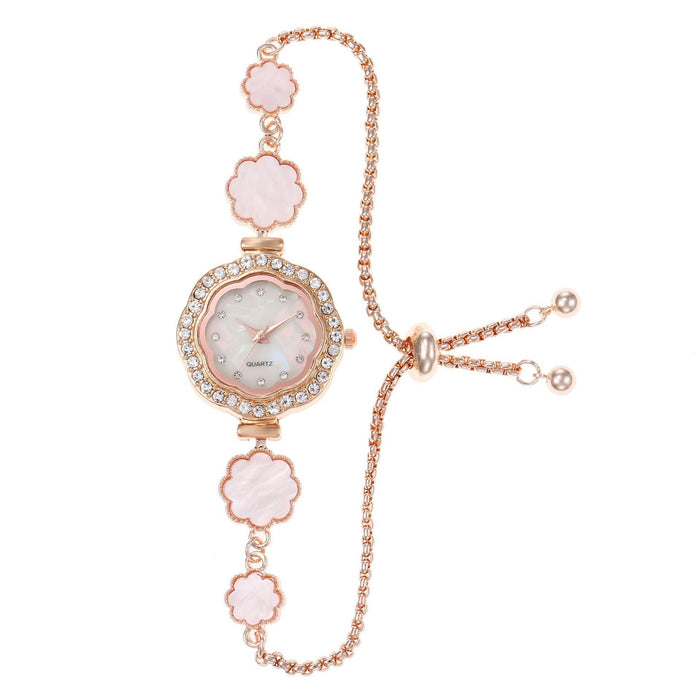 Fashionable new style drawstring freely adjustable women's bracelet watch flower shaped shell thin bracelet with diamond inlaid women's watch