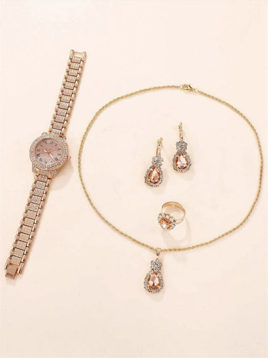 Fashion New Cross border Korean Version Personalized Trend Versatile Women's Diamond Inlaid Steel Band Quartz Watch Necklace Ring Earrings