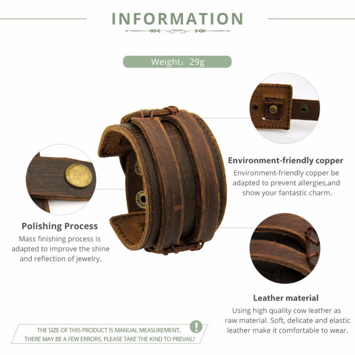 BAMOER Leather Cuff Double Wide Bracelet Rope Bangles Brown Unisex Jewelry PI0296 - eZthings USA WE SORT ALL THE CRAZIEST GADGETS, GIZMOS, TOYS & TECHNOLOGY, SO YOU DON'T HAVE TO.