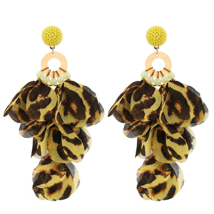 Handmade fabric floral leopard print tassel earrings