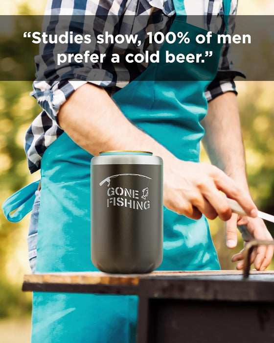 Fishing Beer Can Holder - Double Wall Vacuum Insulated Can Cooler, Powder Coated Stainless Steel "Gone Fishing"
