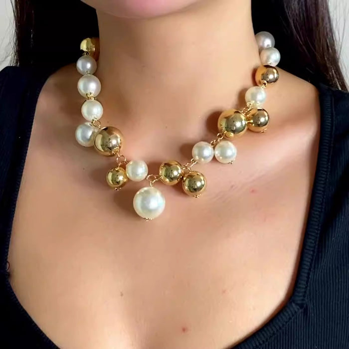 Handmade round bead faux pearl tassel necklace with female personality design and patchwork collar decoration
