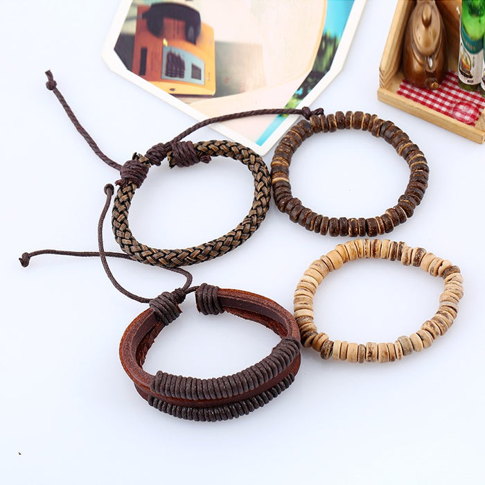 European and American minimalist retro set bracelet DIY woven cowhide bracelet coconut shell bracelet men's hemp rope leather br - eZthings USA WE SORT ALL THE CRAZIEST GADGETS, GIZMOS, TOYS & TECHNOLOGY, SO YOU DON'T HAVE TO.