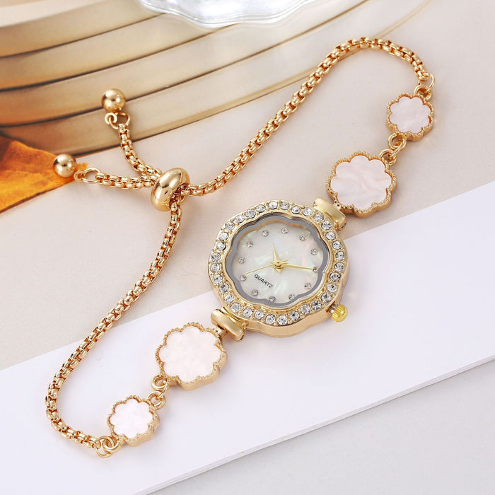 Fashionable new style drawstring freely adjustable women's bracelet watch flower shaped shell thin bracelet with diamond inlaid women's watch