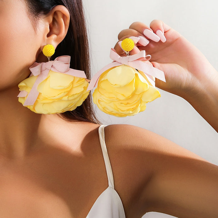 Handmade fabric design large flower earrings