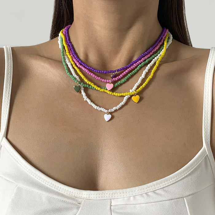 Nectarine Heart Simple Rice Bead Handmade Necklace Geometric Stacked Beaded Necklace
