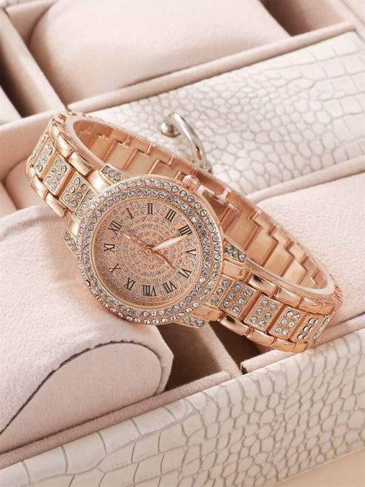 Fashion New Cross border Korean Version Personalized Trend Versatile Women's Diamond Inlaid Steel Band Quartz Watch Necklace Ring Earrings