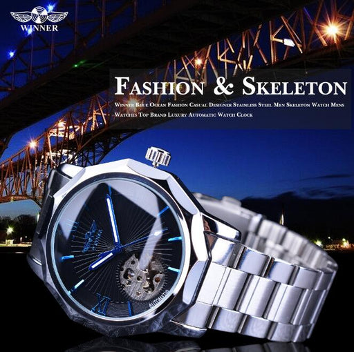 Winner Blue Ocean Geometry Design Transparent Skeleton Dial Mens Watch Top Brand Luxury Automatic Mechanical Watch Clock - eZthings USA WE SORT ALL THE CRAZIEST GADGETS, GIZMOS, TOYS & TECHNOLOGY, SO YOU DON'T HAVE TO.