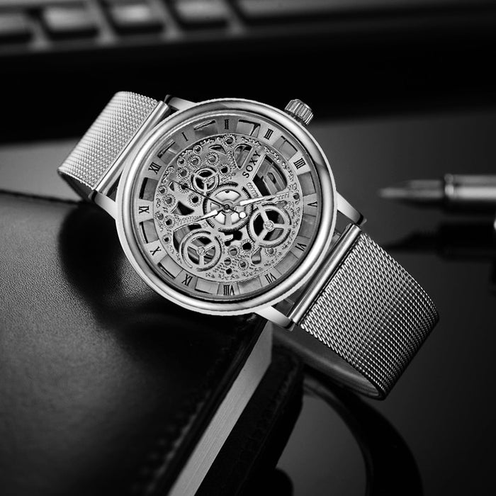 Reloj SOXY de lujo con esqueleto para hombre, relojes de pulsera para mujer, reloj de pulsera dorado a la moda para hombre, reloj de malla de acero para hombre 