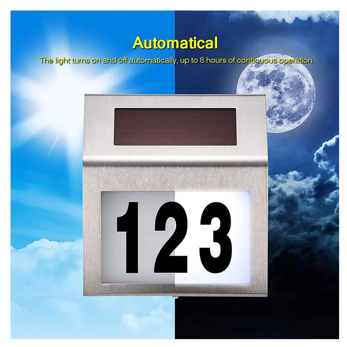 Solar LED Address Sign – Stainless Steel House Number Light with White LEDs, Waterproof, Customizable Numbers & Letters, Auto On/Off, 7.86 x 7.07 Inches - eZthings USA WE SORT ALL THE CRAZIEST GADGETS, GIZMOS, TOYS & TECHNOLOGY, SO YOU DON'T HAVE TO.