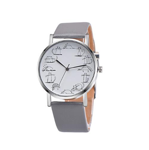 Precioso reloj de mujer de cuarzo de cuero con gato de dibujos animados