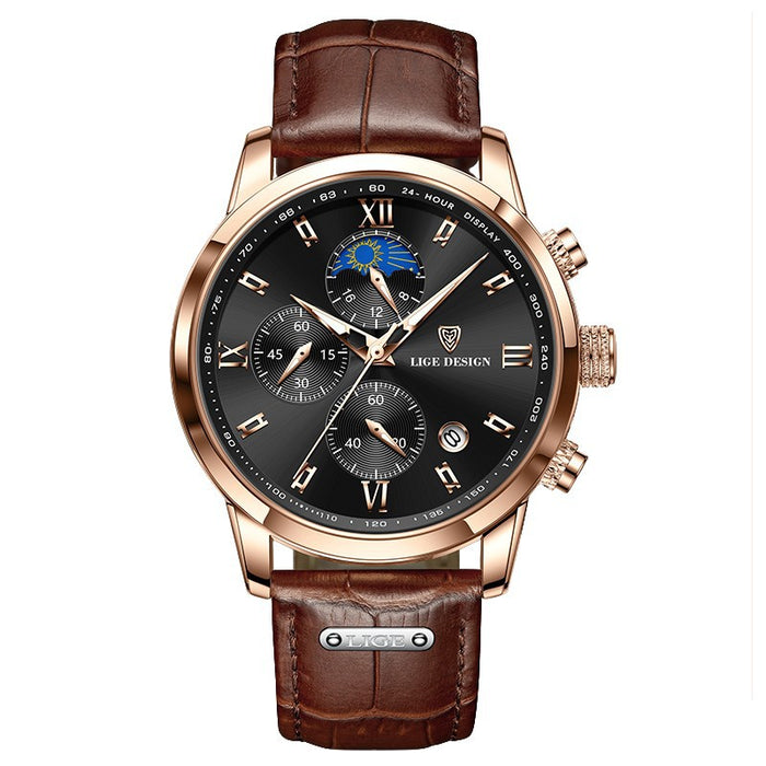 Lige Men's Quartz Watch Multifunction Chronograph Moon Phase Quartz Movement Waterproof Watch - eZthings USA WE SORT ALL THE CRAZIEST GADGETS, GIZMOS, TOYS & TECHNOLOGY, SO YOU DON'T HAVE TO.