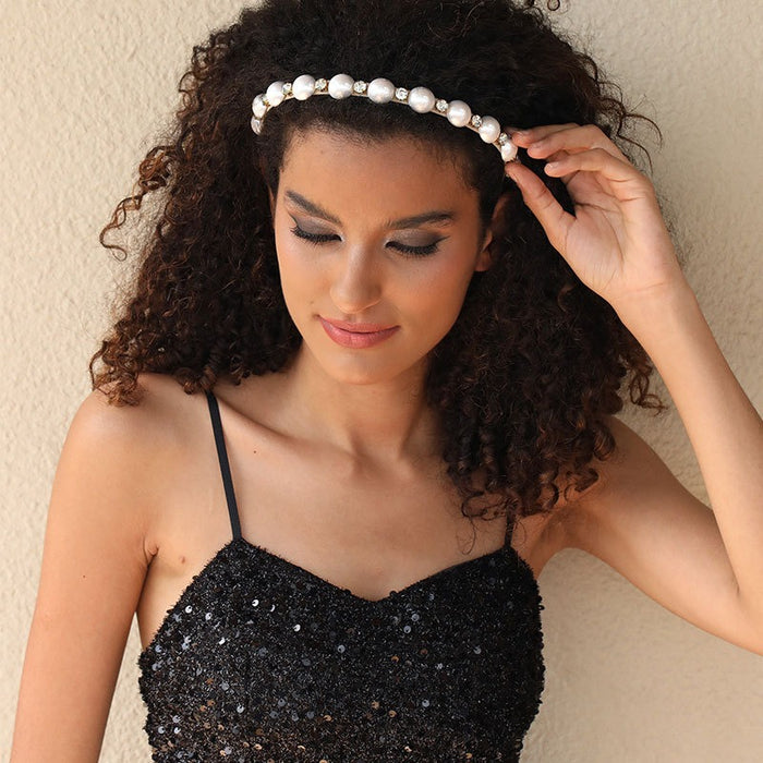 Fashionable half pearl handmade rhinestone hairband
