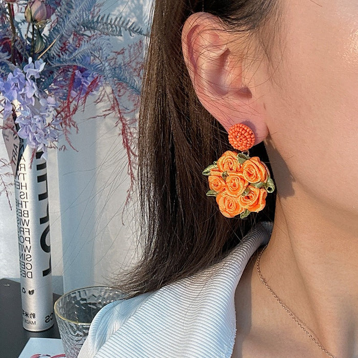 Sen series handmade fabric rose flower earrings