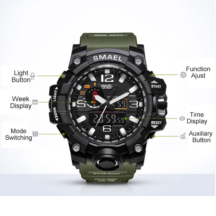 SMAEL Brand Luxury Military Sports Watches 1545-10 Men Quartz Analog LED Digital Watch Man Waterproof Clock Dual Display Wristwatches