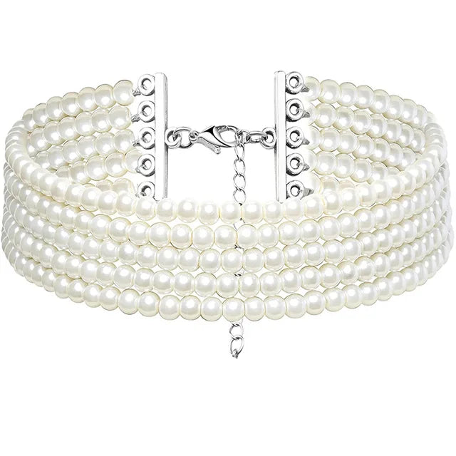 Gargantilla elegante multicapa con cuello de perlas blancas para mujer, Collar de banquete de boda hecho a mano con cuentas, joyería Vintage 