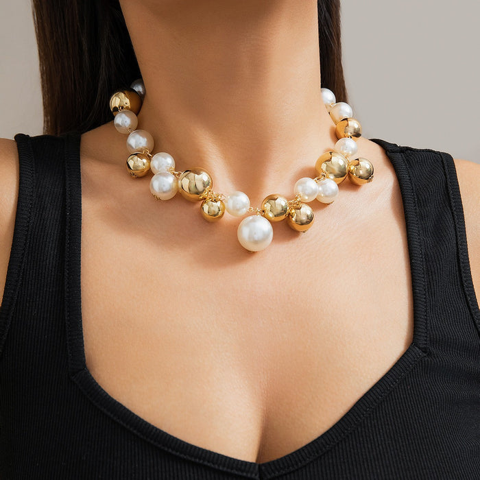 Handmade round bead faux pearl tassel necklace with female personality design and patchwork collar decoration
